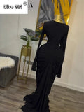 Women Skew Neck Flare Long Sleeve Ruched Stacked Maxi Long Dress Fall Birthday Evening Sexy Party Dresses with Scarf
