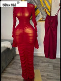 Women Flare Long Sleeve Stacked Ruched Mesh See Though with Tank Dress Maxi Long Dress 2025 Birthday Sexy Party Dresses