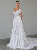 Customized White Off Shoulder Wedding Dresses Sleeveless Floral Lace Bridal Gowns A-Line Court Train Wedding Gowns 2026