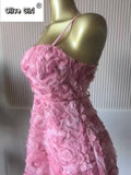 Women Rose Floral Spaghetti Strap Lace Up Back Midi Mini A-line Dress 2026 Street Birthday Party Dresses Trendy Vestidos