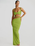 Bandage Ruched 2 Piece Set Women Square Collar Bra+Skinny Long Skirts 2025 Summer Vacation Beach Party Trend Suits