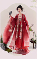 Olive Girl Red Embroidered Hanfu Dress for Ren Faire 2026 Garden Wedding Fairycore Photoshoot Everyday Wear S-XL XS-3XL Plus Size Hand Embroidered Flowing Sleeve Editorial Not Costume Chinese Heritage Fashion Women