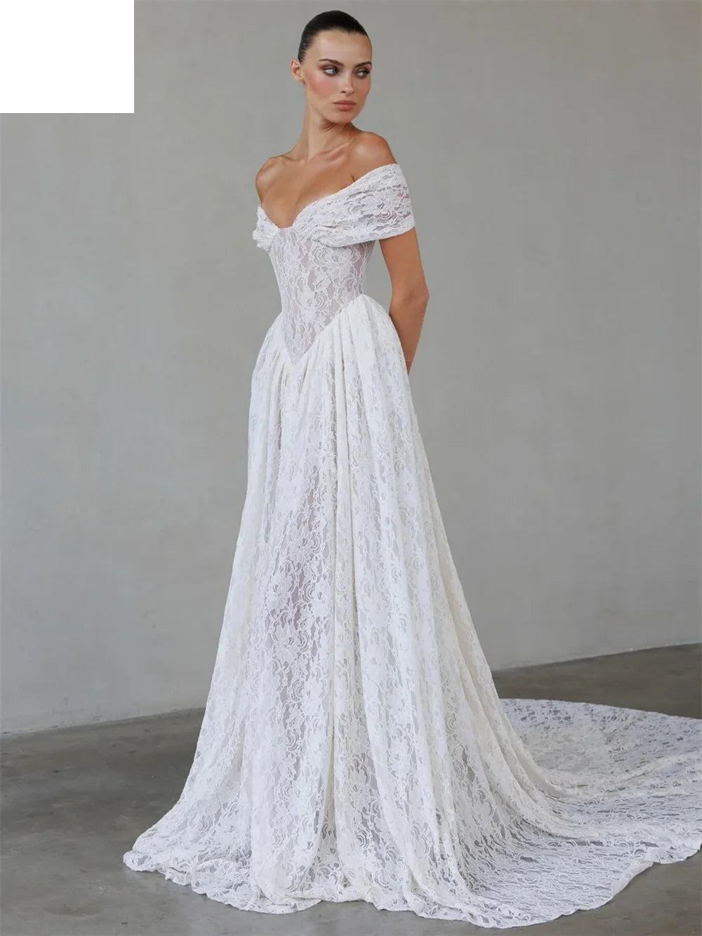 Customized White Off Shoulder Wedding Dresses Sleeveless Floral Lace Bridal Gowns A-Line Court Train Wedding Gowns 2026