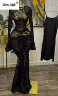 Women Long Sleeve Stacked Mesh See Though with Lining Bodycon Long Dress 2025 Autumn Evening Birthday Sexy Party Dresses