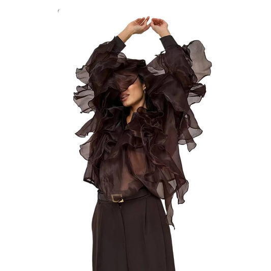 Chic Spliced Ruffles Solid Color Blouse for Women V Neck Long Sleeve Patchwork Sheer Design Loose Shirt Female Fashion Style