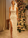 Customized Elegant High Necklink Wedding Dresses Sleeveless Mermaid Bridal Gowns White Side High Split Wedding Gowns