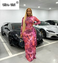 Women Print O-neck Ruched Ribbon Bodycon Long Dress 2026 Spring Street Evening Birthday Club Party Vestidos Sexy Dresses
