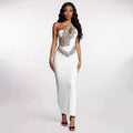 White Sexy One-Shoulder, Off-The-Shoulder, Rhinestone, Backless,One-Shoulder Tight, Hip-Hugging Bandage Dress