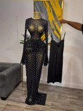 Fall Women Long Sleeve Stacked Mesh See Though with Lining Bodycon Long Dress Evening Birthday Sexy Party Dresses