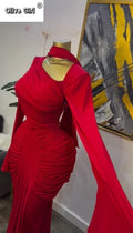 Women Skew Neck Flare Long Sleeve Ruched Stacked Maxi Long Dress Fall Birthday Evening Sexy Party Dresses with Scarf