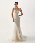 Customized White Mermaid Wedding Dresses Elegant Square Collar Sleeveless Bridal Gowns Zip Back Court Train Wedding Gowns