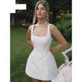 Cinched Waist Textured Fabric Corset Style Mini Dress Structured Bodice White Lace Dress Summer Bridal Shower Outfit 2026