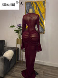 Women Flare Long Sleeve Stacked Dot Mesh See Though with Lining Maxi Long Dress 2025 Evening Birthday Sexy Party Dresses