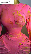 Women Tie Dye Printed Stacked Ruched Long Sleeve Midi Bodycon Maxi Long Dress Birthday Party Education Trendy Dresses