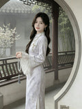 Improved Trumpet Sleeve Cheongsam Women's Autumn New Style Chinese Style Retro Standing Collar Buckle Cinched Waist Purple Dress