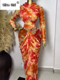 Tie Dye Printed Women Set Wrap Crop Top + Ruched Maxi Skirt 2026 Summer Beach Vacation Birthday Two Piece Set Outfits