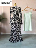 Women Long Sleeve Stacked Mesh See Though with Lining Bodycon Long Dress 2025 Autumn Evening Birthday Sexy Party Dresses