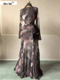 Women Tie Dye Printed Skew Neck Flare Long Sleeve Ruched Stacked Maxi Long Dress  Summer Birthday Sexy Party Dresses