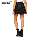 Sexy Women Black Tassel Mini Skirt Party Clubwear Summer Dance PU Leather Layered Fringe Tassel Bodycon Party Short Skirt