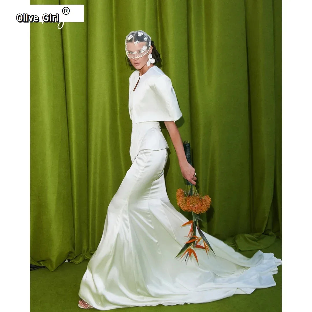 Custom White Satin Cape Sleeve Mermaid Wedding Dress Floor Length Bridal Gown Elegant Formal Evening Occasion Wear