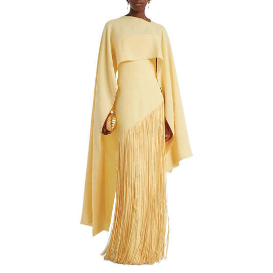 High End Elegant Yellow Cape Sleeveless Maxi Dress for Women Strapless Slimming Flowy Fringe Design for Special Occasions
