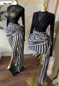 Women Two Piece Pants Set Black Mesh Long Sleeve Top with Black White Geometric Print High Waist Ruched Pants Going Out