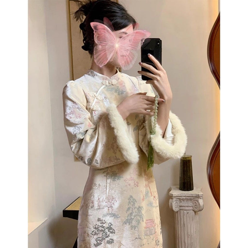 2026 Autumn Winter Retro Cheongsam Dress New Chinese Style Long Sleeved Stand Up Collar Embroidered with Velvet Improved Cheongsam Dress