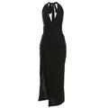 Halter Backless Dress Women Summer Trend Elegant Side Split Deep V-Neck Long Bodycon Midnight Party Ruched Vestidos