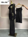 Women Flare Long Sleeve Stacked Dot Mesh See Though with Lining Maxi Long Dress 2025 Evening Birthday Sexy Party Dresses