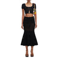 Black 3D Floral Hollow Knit Two Piece Set for Women Square Collar Short Sleeve Crop Top Mermaid Mid Skirt for Beach Vacation