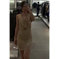 Hot Diamond Swinging Neck Halter Mini Dress Women Sexy Sleeveless Backless Waist Cinching Dresses Lady Chic Vacation Party Gown