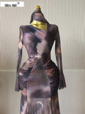Women Tie Dye Printed Skew Neck Flare Long Sleeve Ruched Stacked Maxi Long Dress  Summer Birthday Sexy Party Dresses