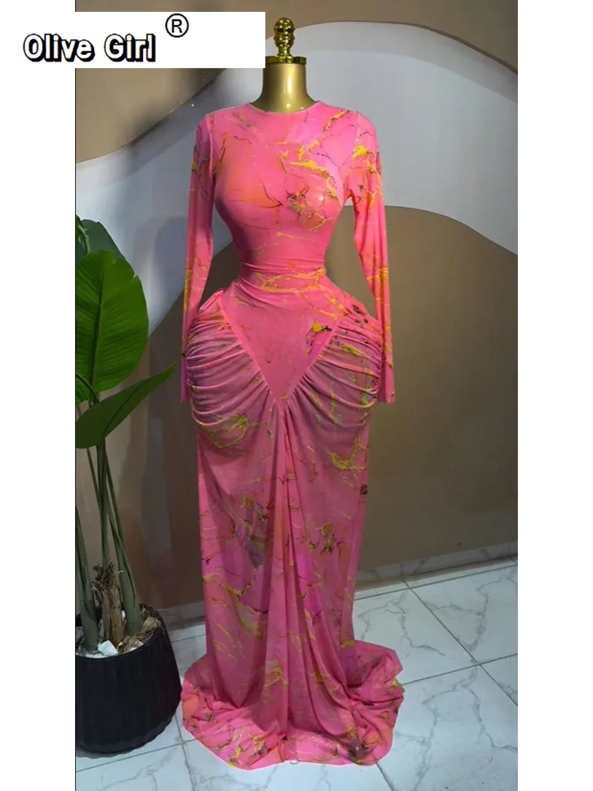 Women Tie Dye Printed Stacked Ruched Long Sleeve Midi Bodycon Maxi Long Dress Birthday Party Education Trendy Dresses