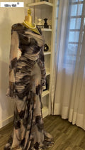 Women Tie Dye Printed Skew Neck Flare Long Sleeve Ruched Stacked Maxi Long Dress  Summer Birthday Sexy Party Dresses