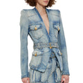 Shoulder Pud Designer Denim Coat for Women Deep V Nek Long Sleeve Patchwork Sashes Sexy Fashionable Jacket Female Clothing