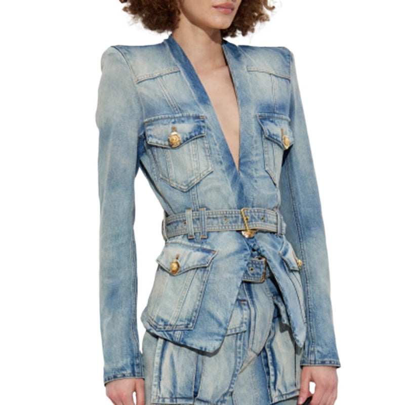 Shoulder Pud Designer Denim Coat for Women Deep V Nek Long Sleeve Patchwork Sashes Sexy Fashionable Jacket Female Clothing