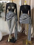 Women Two Piece Pants Set Black Mesh Long Sleeve Top with Black White Geometric Print High Waist Ruched Pants Going Out
