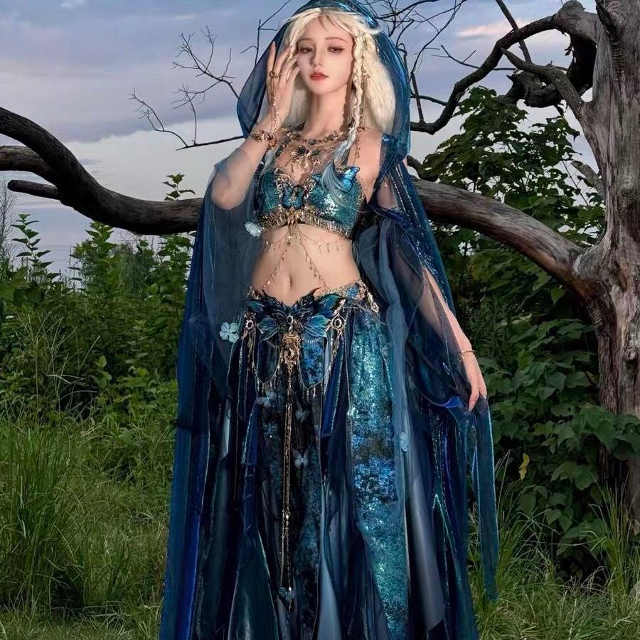 Exotic Hanfu Set Women's Fish Princess Dress Set Blue Butterfly Embroidered Fairy Costume
