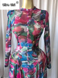 Women O-neck Long Sleeve Big Swing Tie Dye Print Long Dress 2026 Sexy Parties Evening Vacation Maxi Dresses Vestidos