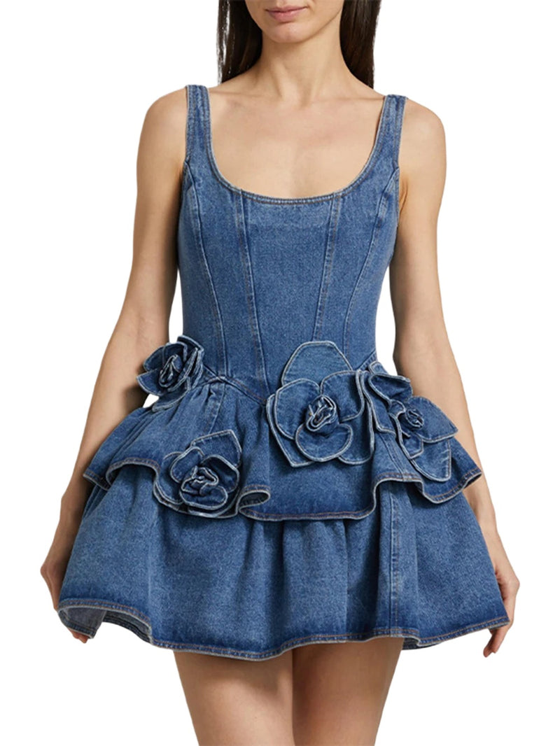 3D Flower Double-layer Denim Slip Short Dress Women Fashion Sleeveless High Waist Mini Dresses Chic Lady Party Robe