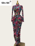 Tie Dye Printed Women Set Wrap Crop Top + Ruched Maxi Skirt 2026 Summer Beach Vacation Birthday Two Piece Set Outfits