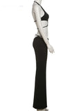 Hollow Straps 2 Piece Sets Woman Summer Sexy Solid Halter Backless Tops+Sequined Flared Pants Party Skinny Outfits