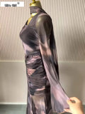 Women Tie Dye Printed Skew Neck Flare Long Sleeve Ruched Stacked Maxi Long Dress  Summer Birthday Sexy Party Dresses