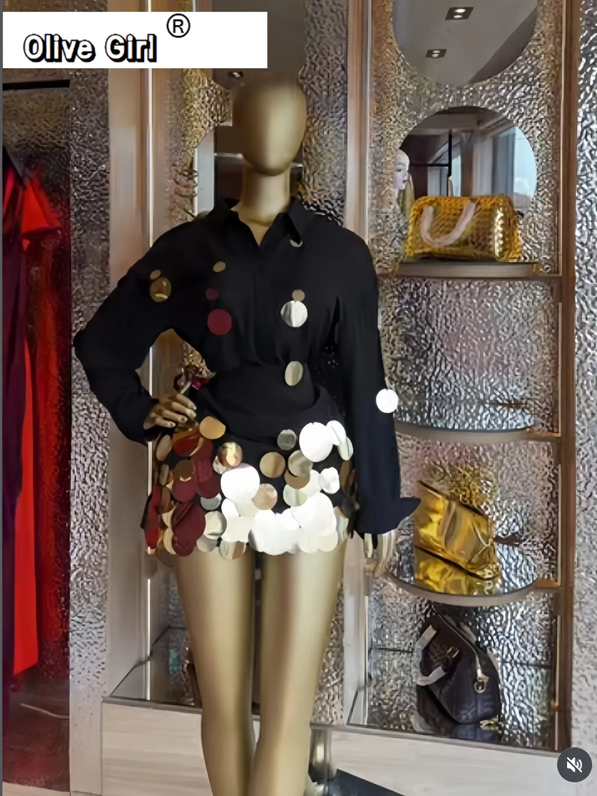 Fashion Sequined Splicing Women's Set Lapel Collar Shirt and Midi A-line Skirt Suit Vacation Two 2 Piece Set Outfits