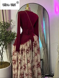 Women Print Full Sleeve Sashes Elegant Long Maxi Dress 2026 Fall Birthday Holiday Evening Sexy Party Dresses Vestidos