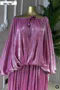 Women Shiny Fuchsia Drawstring Neck Batwing Sleeve Maxi Pleated Dress Fall Street Party Sweet Beach Elegant Long Dresses