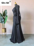 Women Skew Neck Flare Long Sleeve Ruched Stacked Maxi Long Dress Fall Birthday Evening Sexy Party Dresses with Scarf