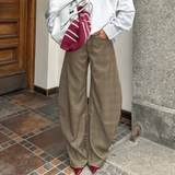 American Retro Plaid Trousers for Women High Waist Spliced Pockets Casual Oversized Lantern Wide Leg Pants Female
