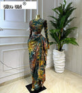 Women Tie Dye Print O-neck Ruched Ribbon Long Dress 2026 Spring Street Evening Birthday Club Party Vestidos Sexy Dresses