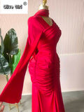 Women Skew Neck Flare Long Sleeve Ruched Stacked Maxi Long Dress Fall Birthday Evening Sexy Party Dresses with Scarf
